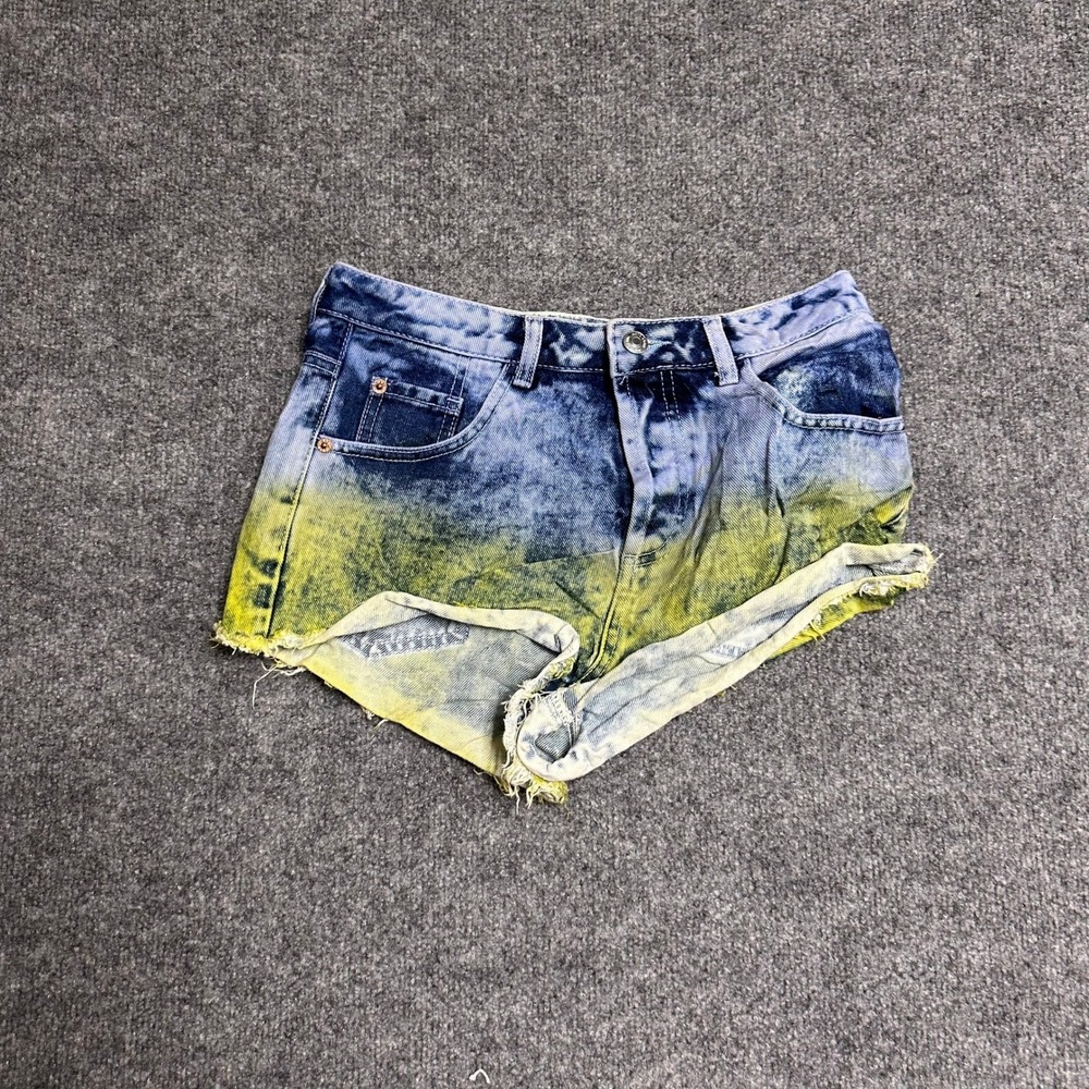 Topshop Denim Shorts Womens Size 28 Blue Yellow Acid Wash Ombre Frayed Cotton